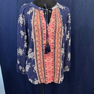Navy and Coral Floral Boho Blouse